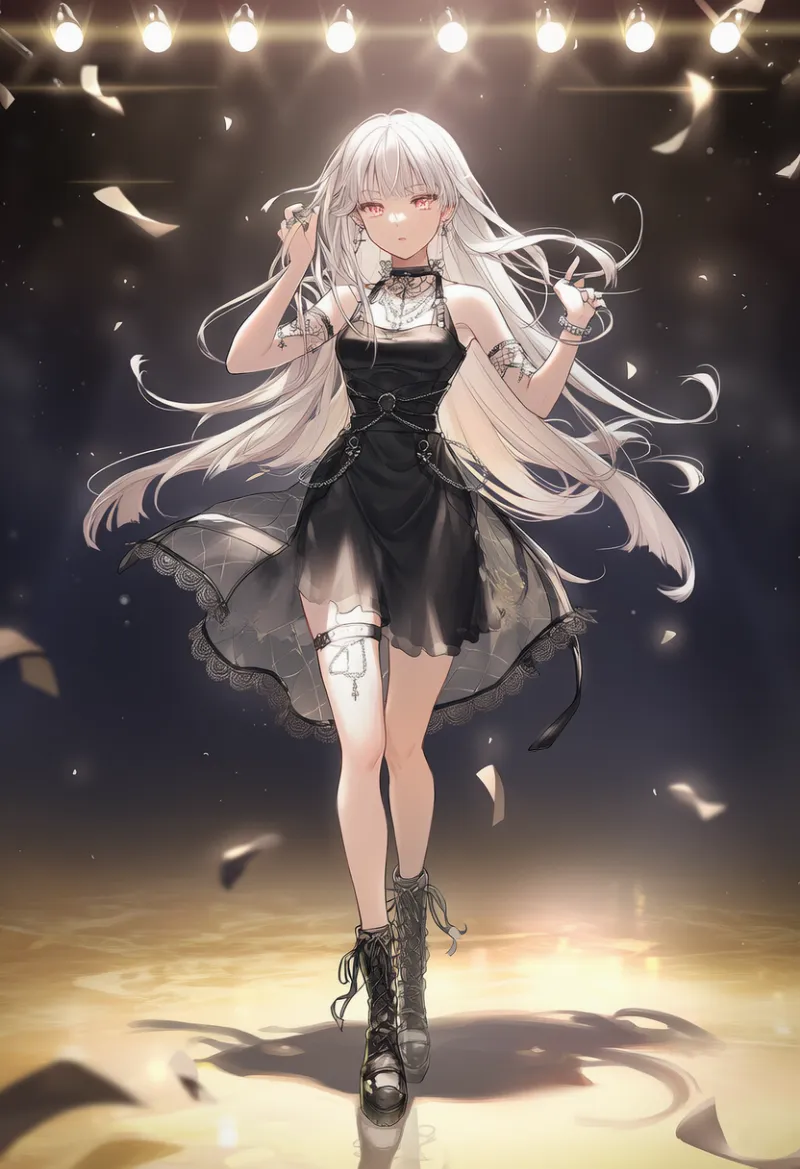 ゴールドの光沢床のAIイラスト｜ファッションショー・ランウェイのプロンプト紹介