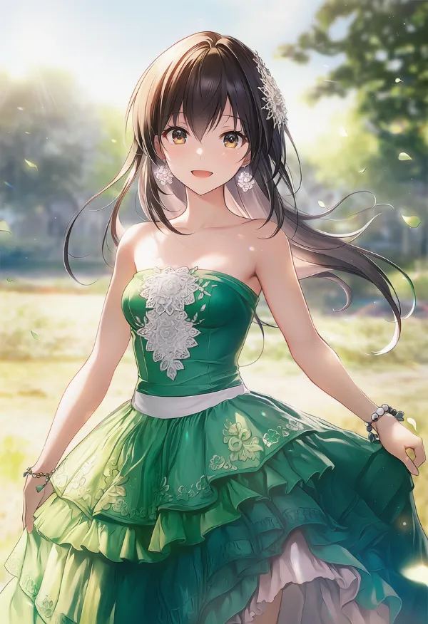 緑色ドレスに白色アクセントのAIイラスト（フラメンコ用）｜プロンプト紹介