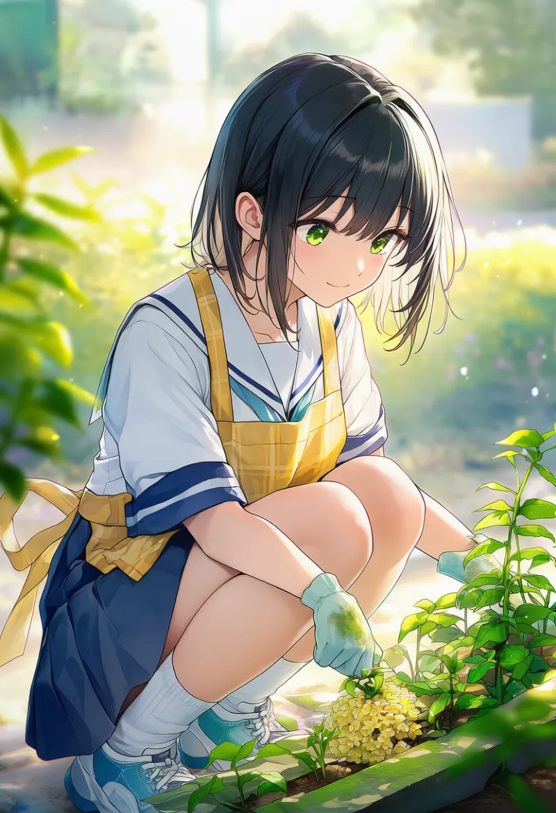 収穫をする仕草のAIイラスト（ガーデニング）｜プロンプト紹介
