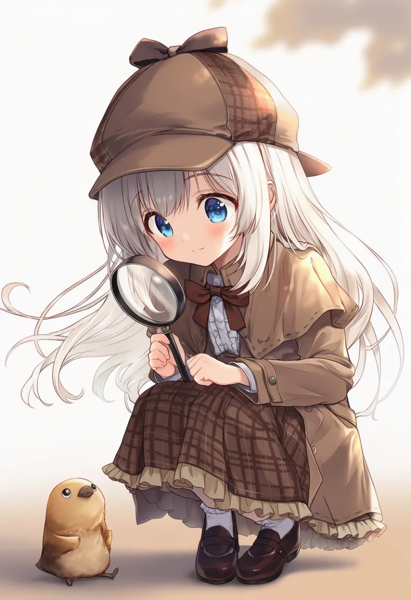 しゃがんで調べるポーズのAIイラスト｜探偵ポーズのプロンプト紹介