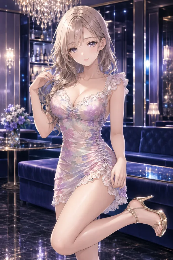 パステル花柄レースのビジュー肩フリルミニドレス｜キャバ嬢ドレスのAIイラストとプロンプト紹介
