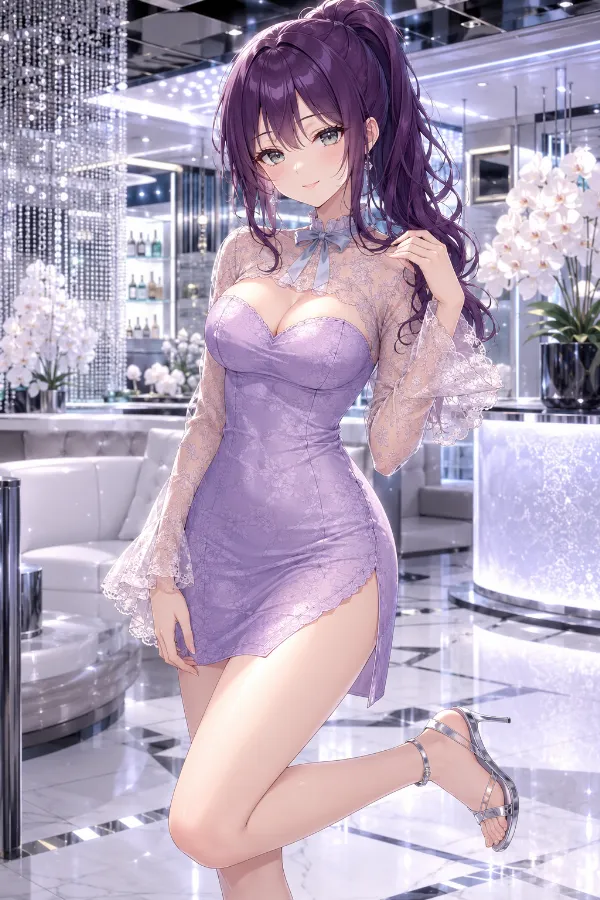 ラベンダービスチェ×ベージュレースのスリットミニドレス｜キャバ嬢ドレスのAIイラストとプロンプト紹介