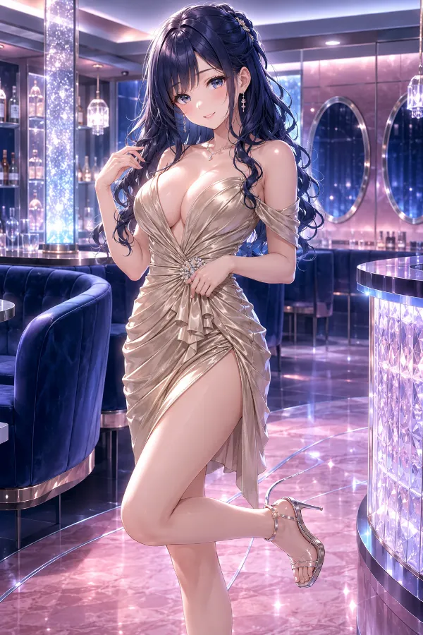 シャンパンゴールドのビジュー付きオフショルミニドレス｜キャバ嬢ドレスのAIイラストとプロンプト紹介