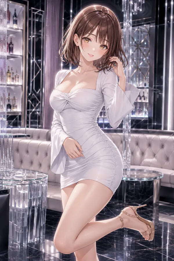 ホワイトツイストビスチェのベルスリーブミニドレス｜キャバ嬢ドレスのAIイラストとプロンプト紹介