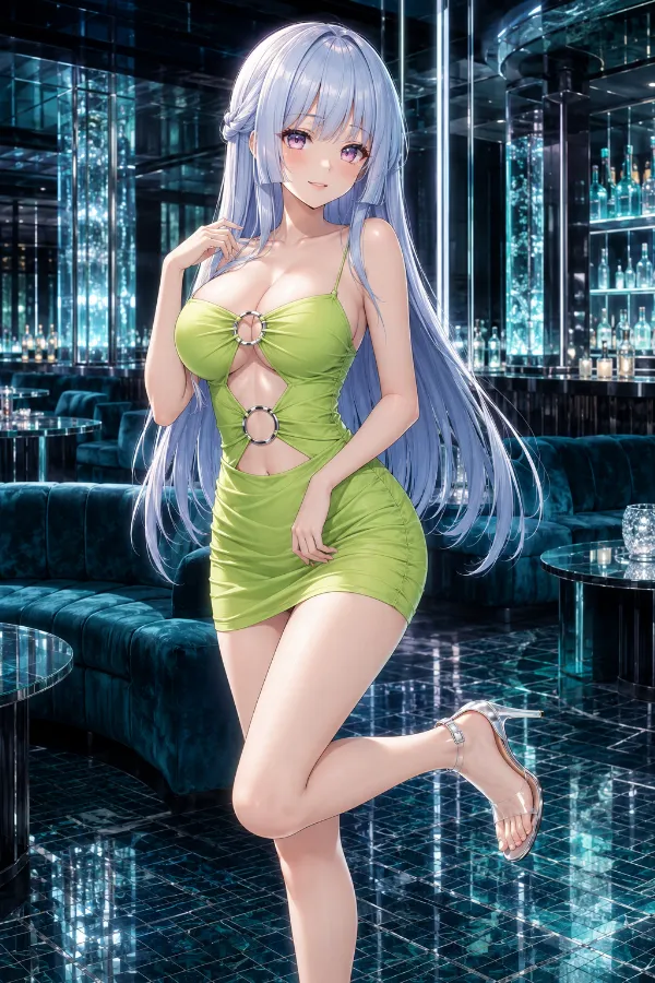 ライムグリーンのリングカットアウトボディコンミニドレス｜キャバ嬢ドレスのAIイラストとプロンプト紹介