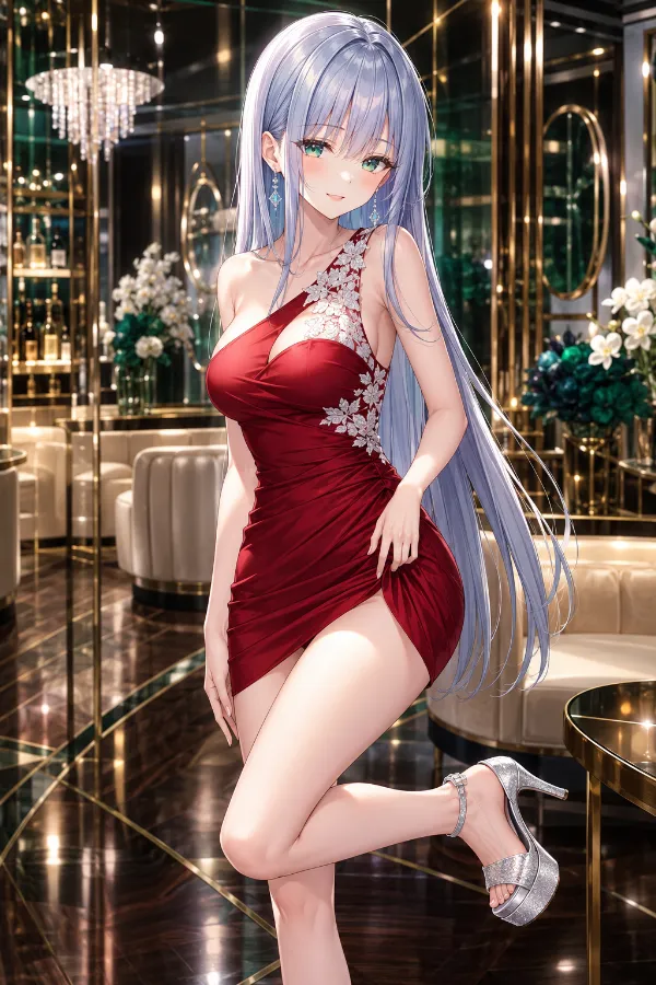 レッド×ホワイトレースのワンショルミニドレス｜キャバ嬢ドレスのAIイラストとプロンプト紹介