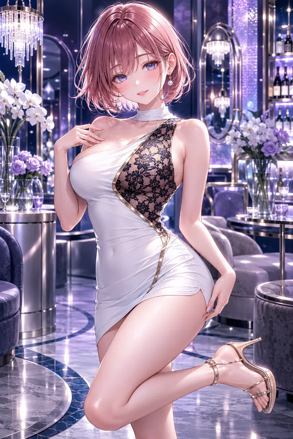 ホワイト×ブラックレースのゴールドパイピング・ワンショルドレス｜キャバ嬢ドレスのAIイラストとプロンプト紹介