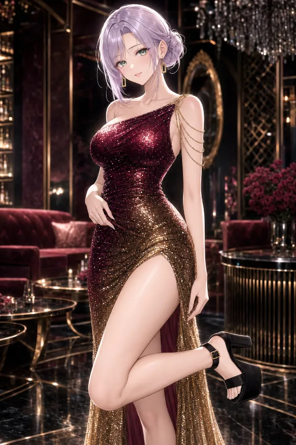 ボルドー×ゴールドグラデのスパンコールマーメイドドレス｜キャバ嬢ドレスのAIイラストとプロンプト紹介