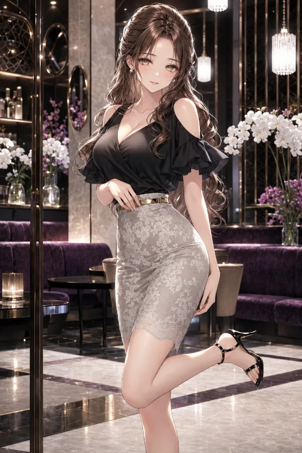ブラックラッフルブラウス×フローラルレース・タイトスカート｜キャバ嬢ドレスのAIイラストとプロンプト紹介