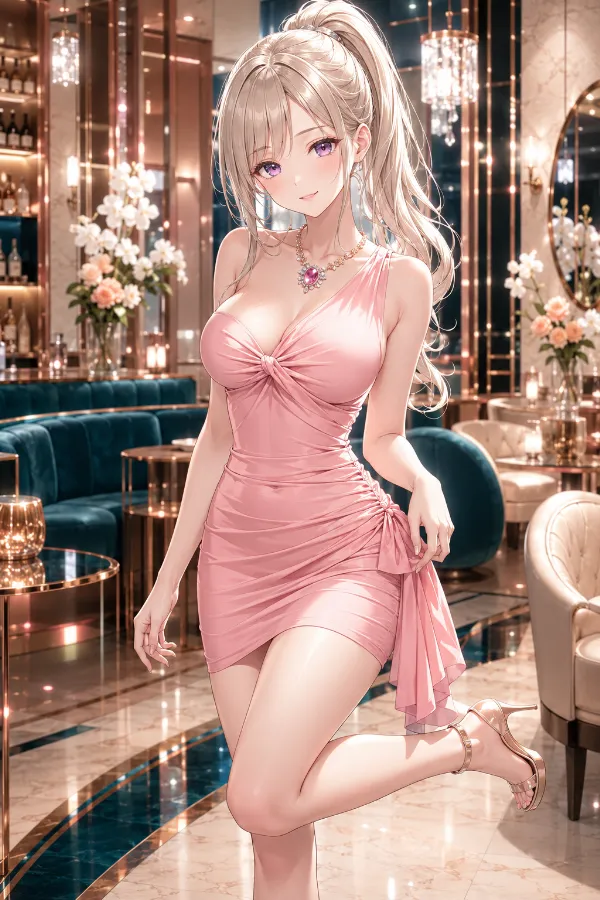 ピーチピンクの片肩ドレープミニドレス｜キャバ嬢ドレスのAIイラストとプロンプト紹介