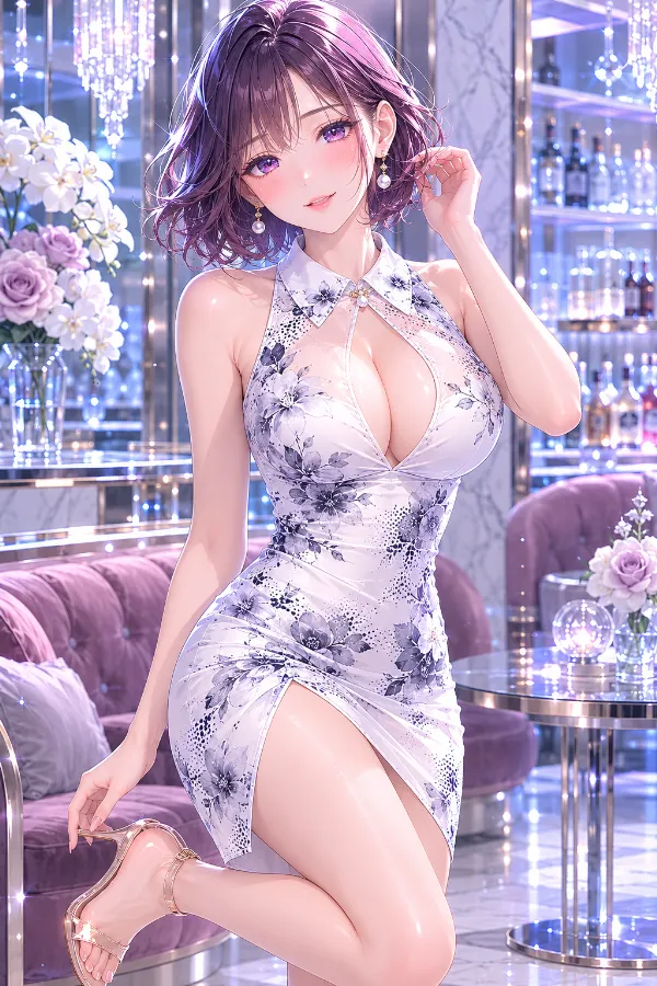 モノトーン花柄プリントのキーホール・ミニドレス｜キャバ嬢ドレスのAIイラストとプロンプト紹介