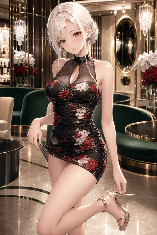 ブラックメッシュネック×レッド花柄ミニドレス｜キャバ嬢ドレスのAIイラストとプロンプト紹介