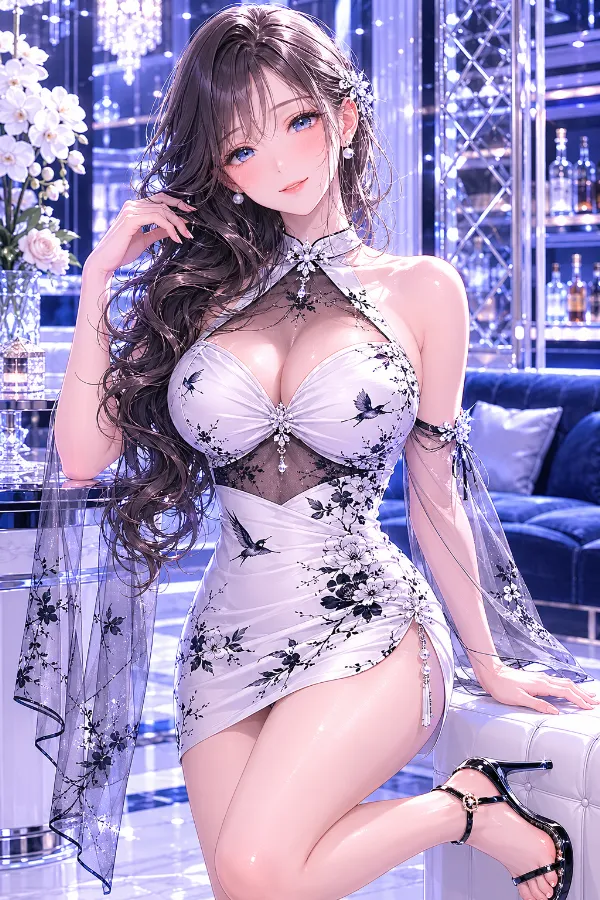 東洋風モノクロプリントのホルターネックミニドレス｜キャバ嬢ドレスのAIイラストとプロンプト紹介