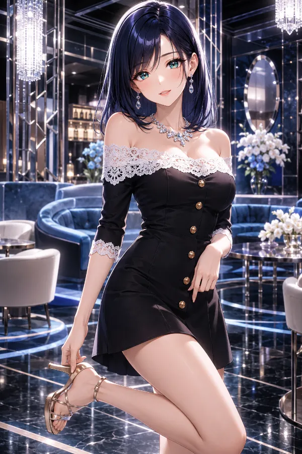 ブラック×ホワイトレースのオフショル・ミニワンピース｜キャバ嬢ドレスのAIイラストとプロンプト紹介