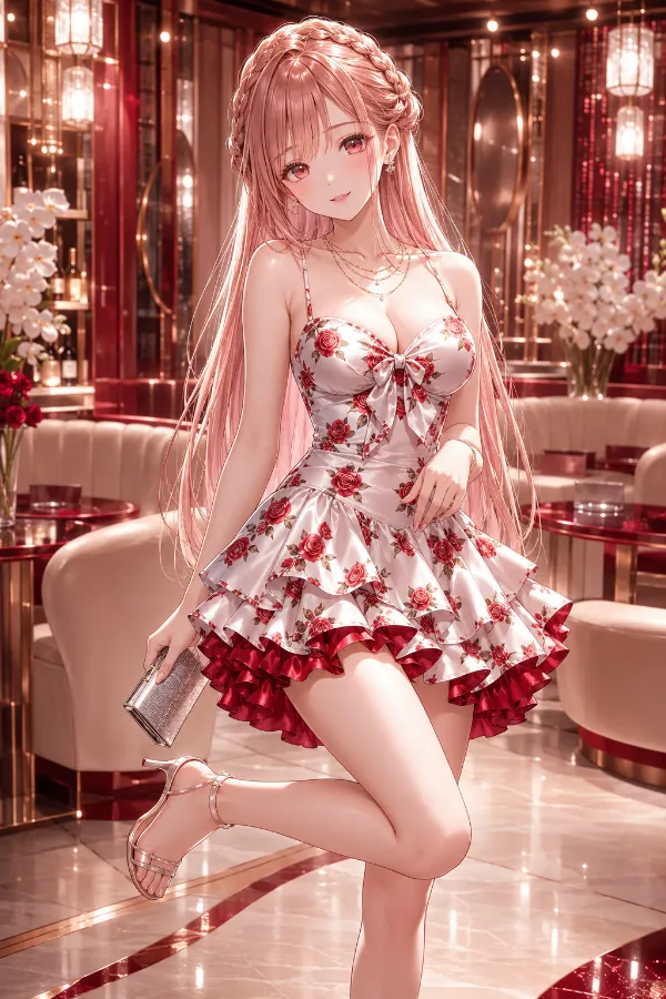 レッドローズ柄のフリルサテンミニドレス｜キャバ嬢ドレスのAIイラストとプロンプト紹介