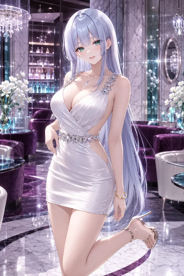 ホワイトサテンのクリスタルストラップ・ミニドレス｜キャバ嬢ドレスのAIイラストとプロンプト紹介