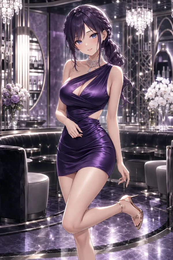 ディープパープルサテンのカットアウトミニドレス｜キャバ嬢ドレスのAIイラストとプロンプト紹介