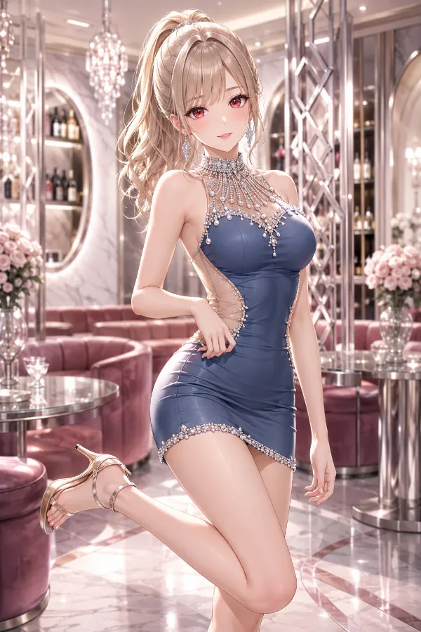 スチールブルーのパール付きハイネックマイクロドレス｜キャバ嬢ドレスのAIイラストとプロンプト紹介