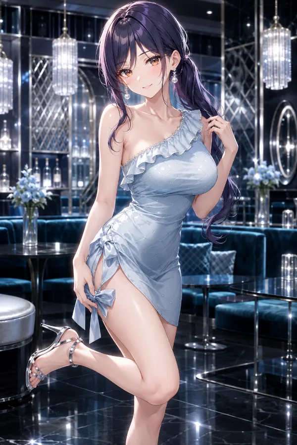 ブルーキルト×クリスタルリボンのワンショル・マイクロドレス｜キャバ嬢ドレスのAIイラストとプロンプト紹介