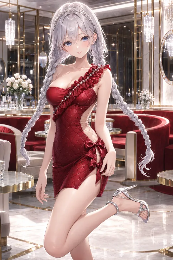 レッドキルト×サテンリボンのワンショル・マイクロドレス｜キャバ嬢ドレスのAIイラストとプロンプト紹介