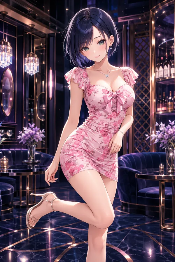 ピンク水彩フローラルのフリルマイクロドレス｜キャバ嬢ドレスのAIイラストとプロンプト紹介