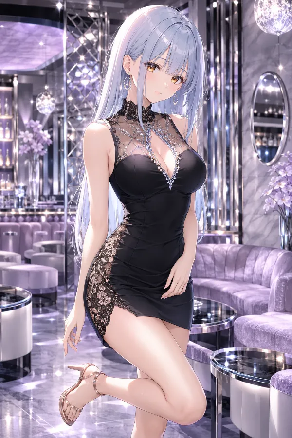 ブラックシースルー×レースサイドのキーホール・マイクロドレス｜キャバ嬢ドレスのAIイラストとプロンプト紹介