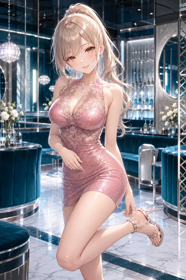 ローズピンクグリッターのレースハイネック・マイクロドレス｜キャバ嬢ドレスのAIイラストとプロンプト紹介