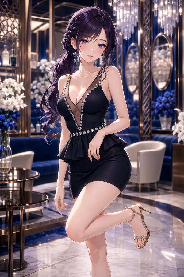 ブラックメッシュ×ビジューラインのペプラム・マイクロドレス｜キャバ嬢ドレスのAIイラストとプロンプト紹介
