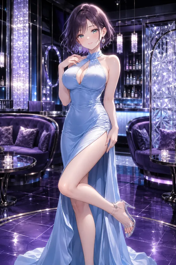 スカイブルーシルクのキーホール・マーメイドドレス｜キャバ嬢ドレスのAIイラストとプロンプト紹介