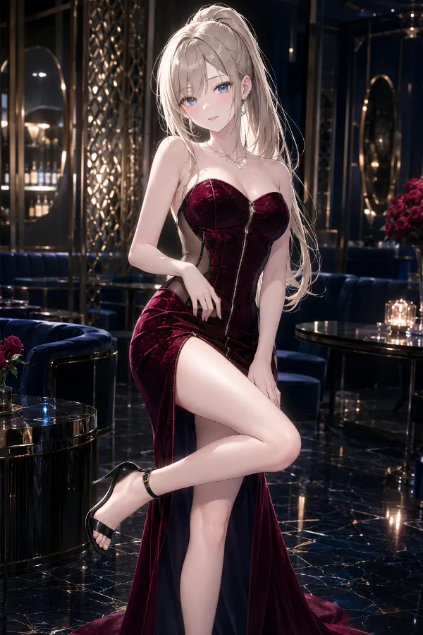 ワインレッドベルベットのジップコルセット・マーメイドドレス｜キャバ嬢ドレスのAIイラストとプロンプト紹介