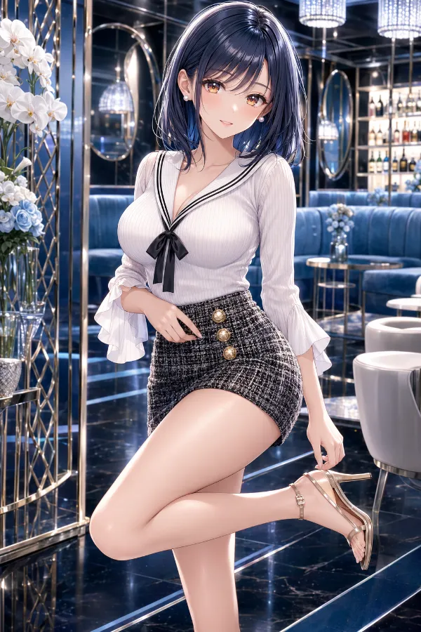 セーラーカラートップス×ツイードマイクロスカート｜キャバ嬢ドレスのAIイラストとプロンプト紹介