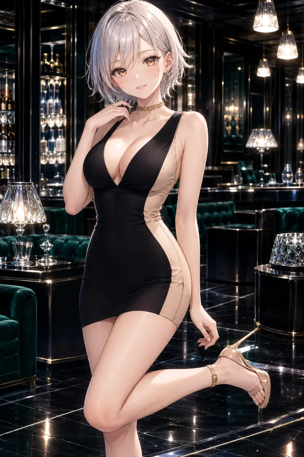 ブラック×ベージュのVライン・ボディコンマイクロドレス｜キャバ嬢ドレスのAIイラストとプロンプト紹介