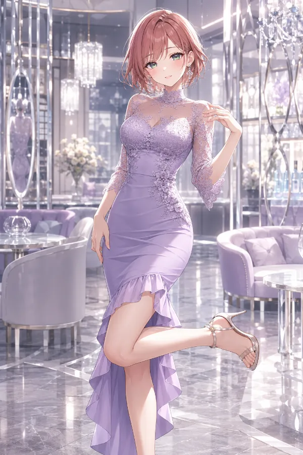 ラベンダーレースのハイネック・フィッシュテールドレス｜キャバ嬢ドレスのAIイラストとプロンプト紹介