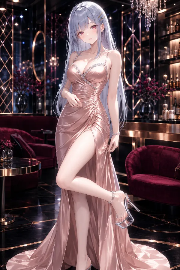 ローズゴールドサテンのクリスタルトリム・マーメイドドレス｜キャバ嬢ドレスのAIイラストとプロンプト紹介