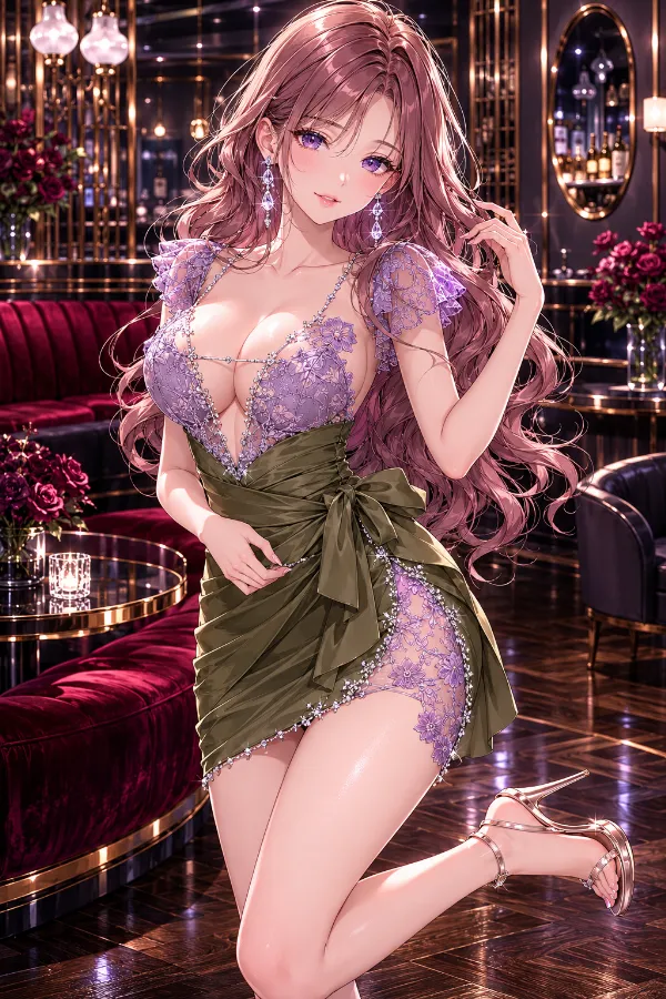 オリーブドレープ×ラベンダーレースのボウマイクロドレス｜キャバ嬢ドレスのAIイラストとプロンプト紹介