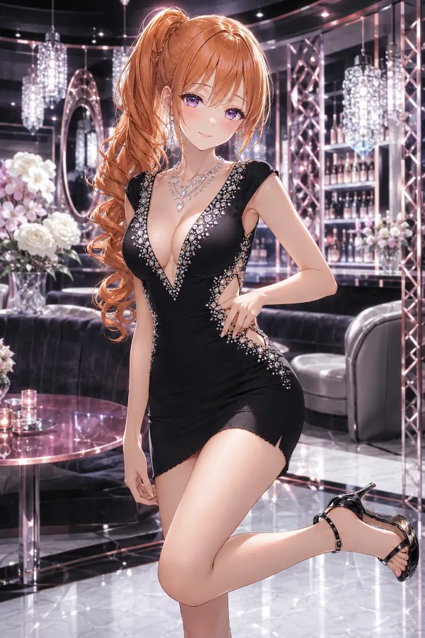ブラッククリスタル×サイドカットアウトのVネックマイクロドレス｜キャバ嬢ドレスのAIイラストとプロンプト紹介