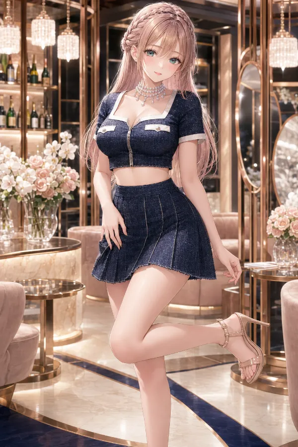ネイビーツイードのプリーツスカート・セットアップ｜キャバ嬢ドレスのAIイラストとプロンプト紹介