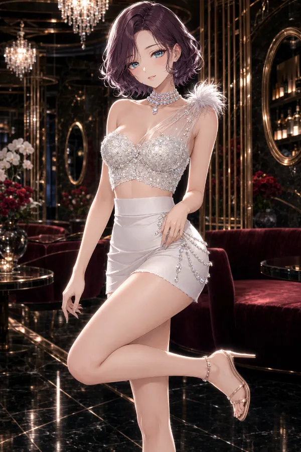 ホワイトクリスタルビスチェのアシメ・ストラップセットアップ｜キャバ嬢ドレスのAIイラストとプロンプト紹介