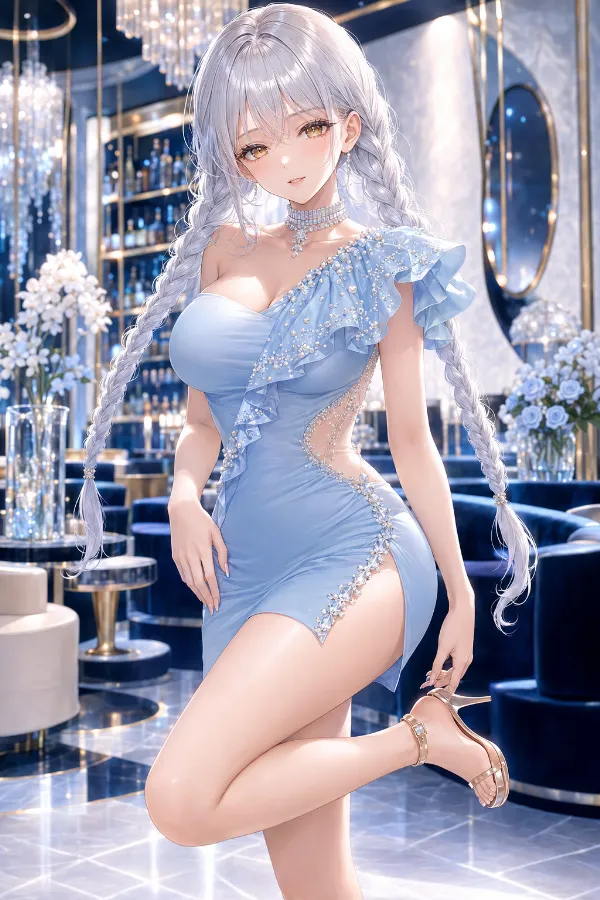 パステルブルーのフリル・ワンショルマイクロドレス｜キャバ嬢ドレスのAIイラストとプロンプト紹介