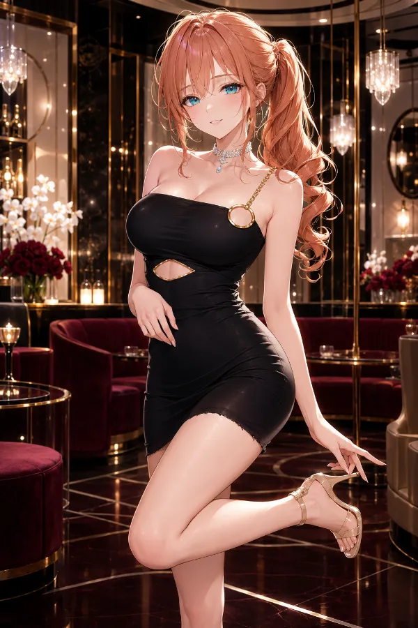 ブラックリングカットアウトのチェーンストラップ・マイクロドレス｜キャバ嬢ドレスのAIイラストとプロンプト紹介