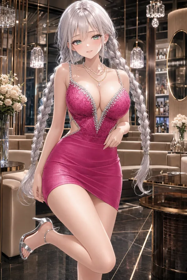 ピンクジャカードのビジューカットアウトドレス｜キャバ嬢ドレスのAIイラストとプロンプト紹介
