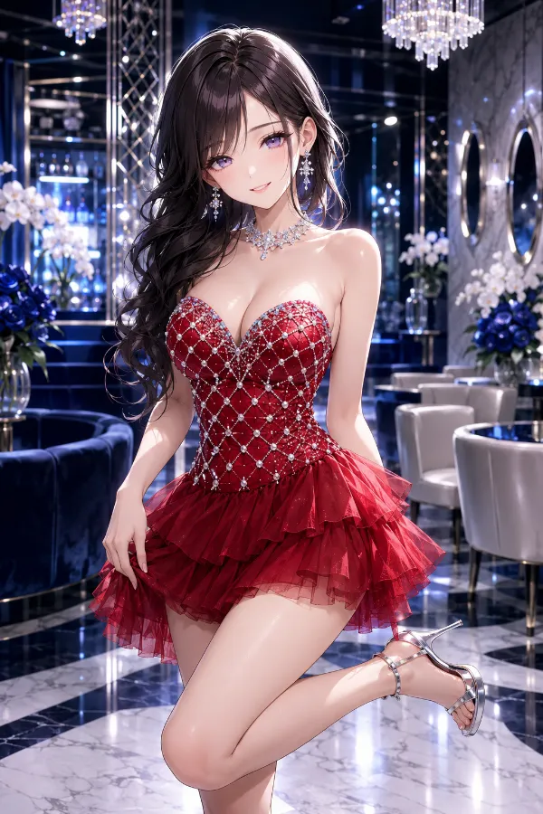 ルビーレッドビジューのティアードチュールマイクロドレス｜キャバ嬢ドレスのAIイラストとプロンプト紹介