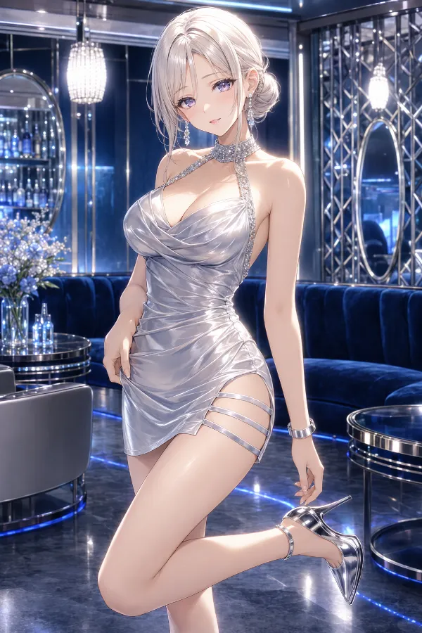 シルバーメタリックのラインストーン・ハイネックマイクロドレス｜キャバ嬢ドレスのAIイラストとプロンプト紹介