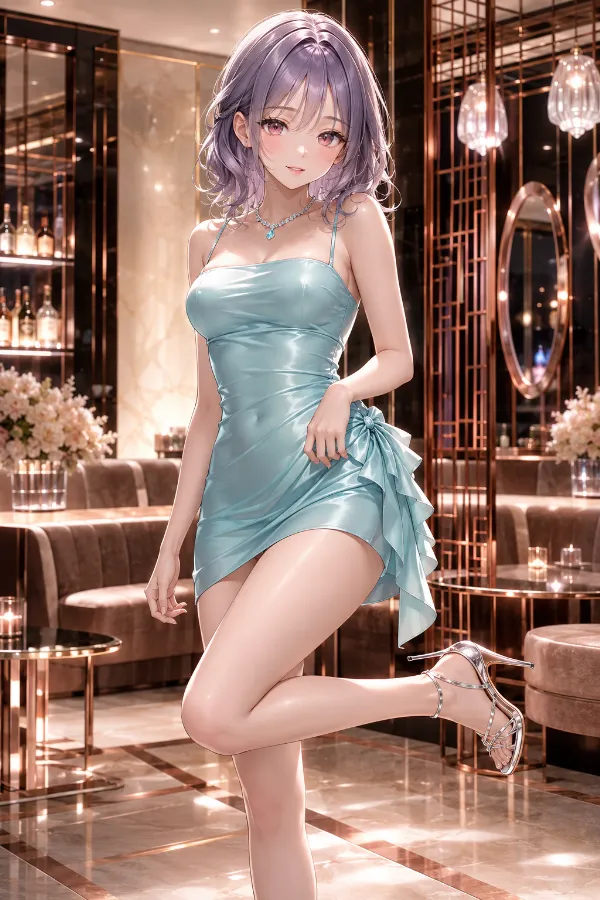アクアブルーサテンのドレープストラップ・ミニドレス｜キャバ嬢ドレスのAIイラストとプロンプト紹介