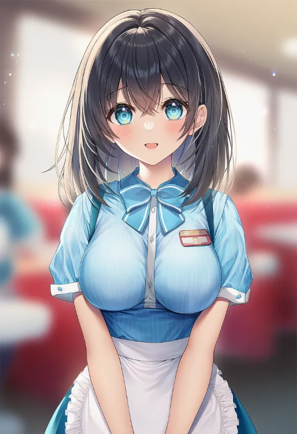 乳袋を強調したダイナー衣装のAIイラスト｜プロンプト紹介