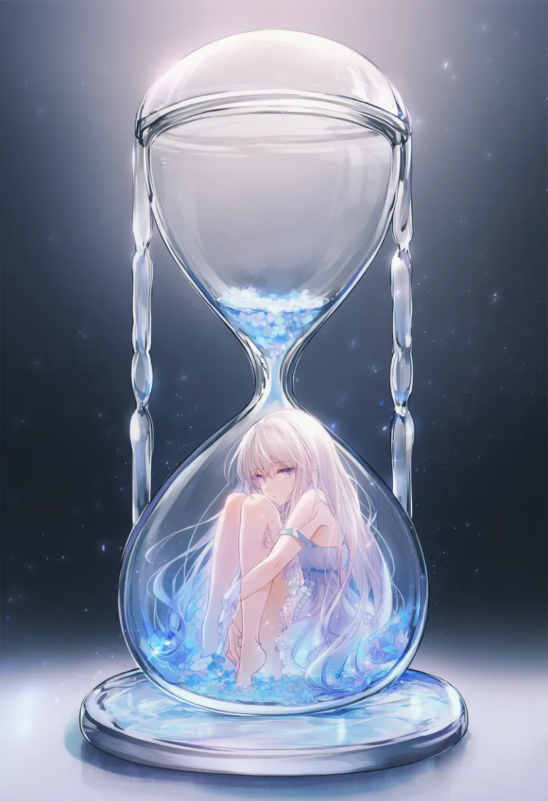 砂時計の中に閉じ込められるシーンのAIイラスト｜プロンプト紹介