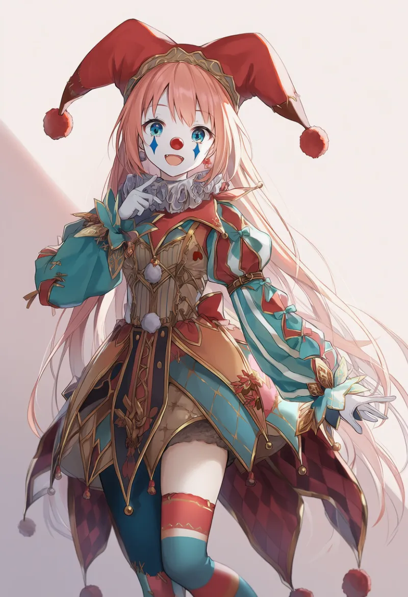 派手なパッチワーク衣装のピエロのAIイラスト作例