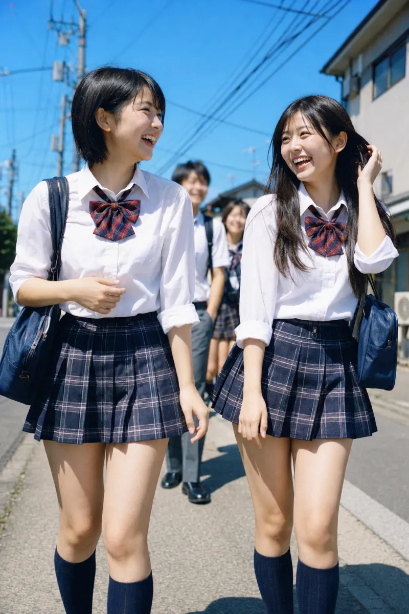 夏の住宅街を登校するAI女子高生（AI画像生成）