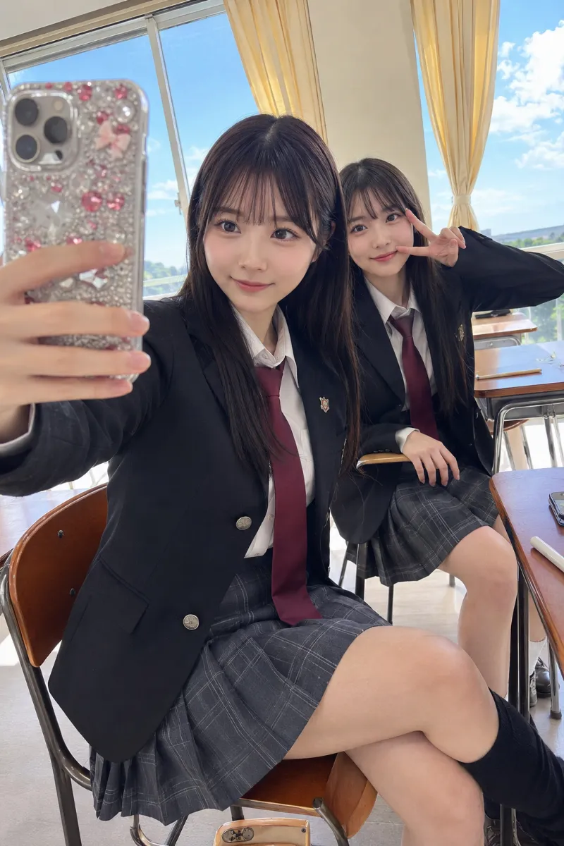 教室で仲良し自撮りするAI女子高生2人（AI画像生成）