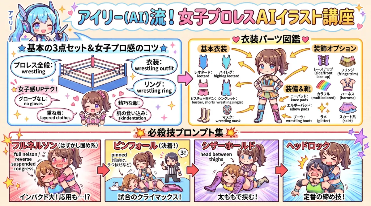 「女子プロレスの衣装」と「プロレス技」のプロンプト集【AIイラスト】のまとめ用の図解イラスト